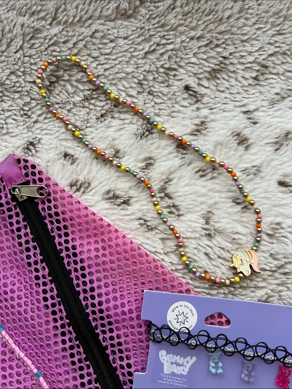 Assortment of Claire’s Necklaces & Purple Mesh Pouch